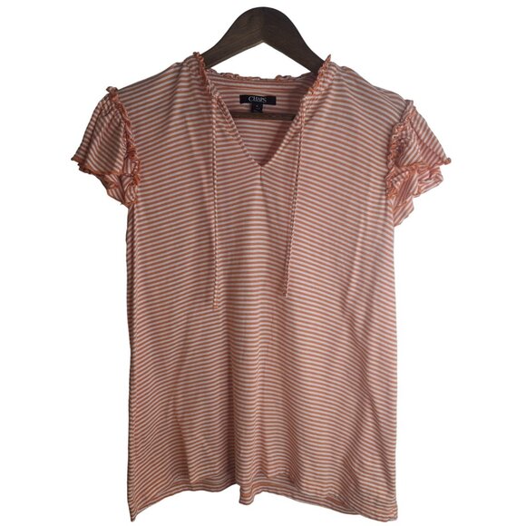 Chaps Women's Orange & White Striped T-Shirt Flutter Sleeves Front-Tie Sz M - Picture 1 of 8